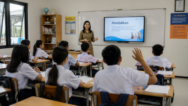 Ilustrasi siswa belajar dalam lingkungan pendidikan modern
